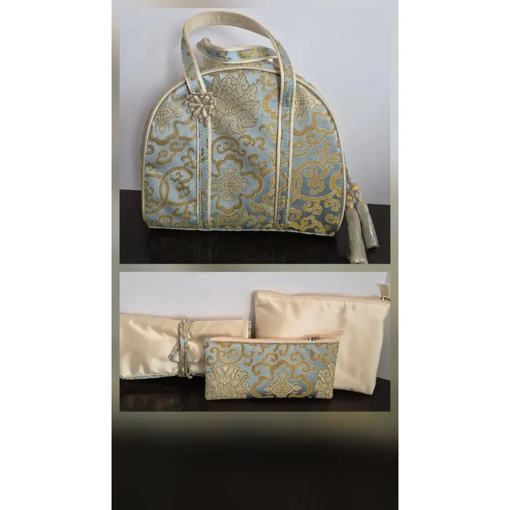 4 Piece Chinoiserie Zip Travel Cosmetic Tote Bag Set Blue Gold Satin